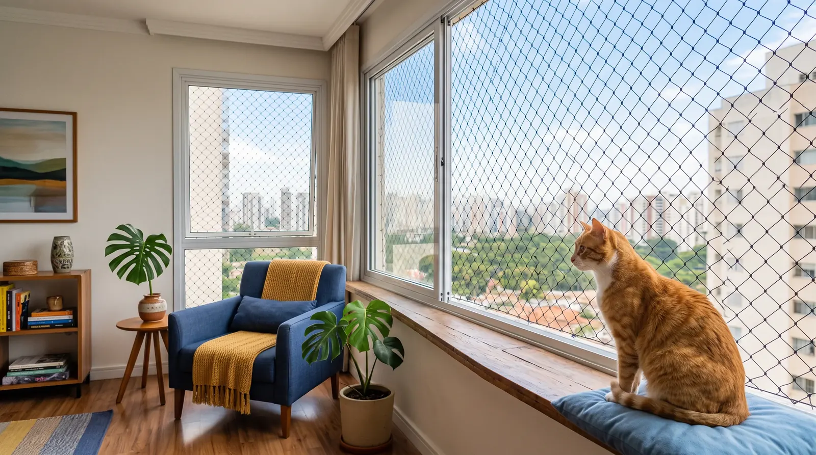 Gato protegido por rede em janela